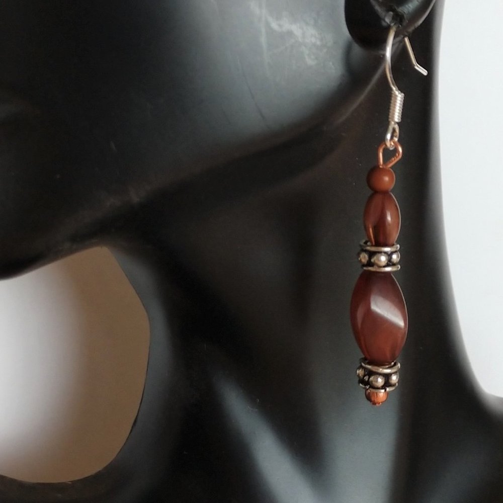Brown and Silver Oblong Beaded Earrings with Wood Look 2 inches